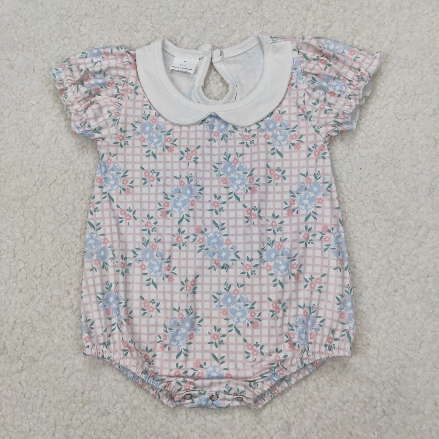SR2878 Flowers Pink Plaid Print Baby Girls Summer Romper