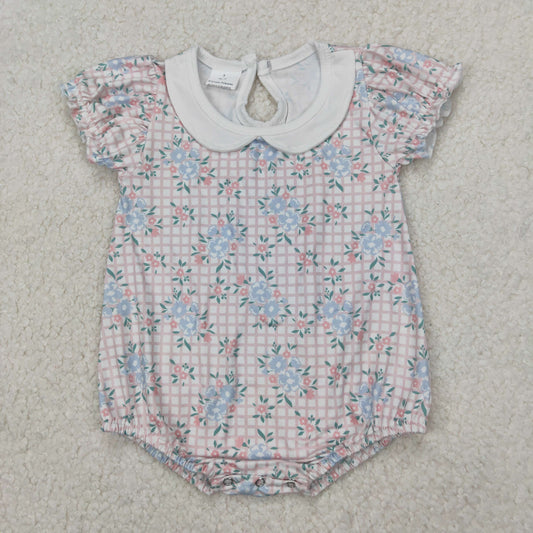 SR2878  Flowers Pink Plaid Print Baby Girls Summer Romper