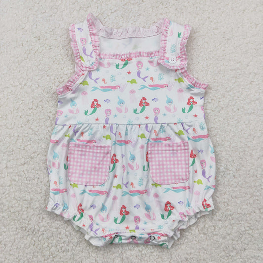 SR2880  Mermaid Print Pockets Baby Girls Summer Romper