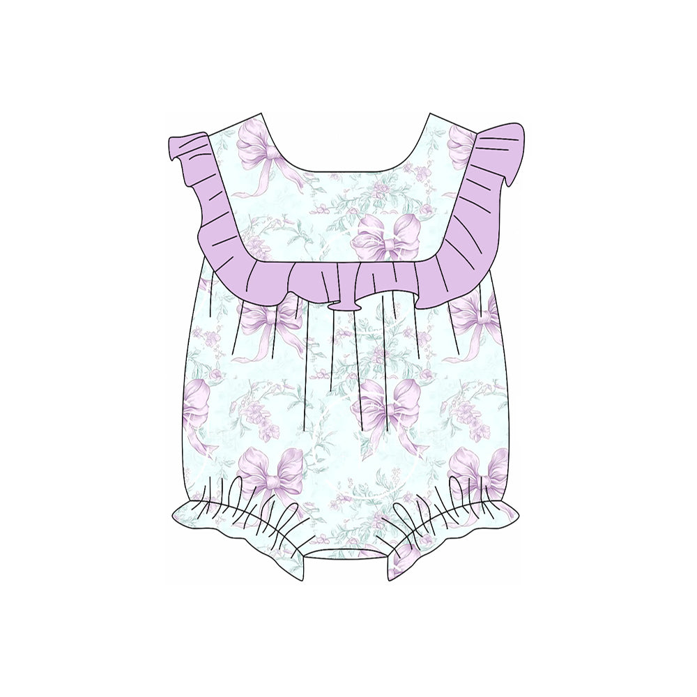 (Pre-order)SR2891 Flowers Purple Bows Print Baby Girls Summer Romper