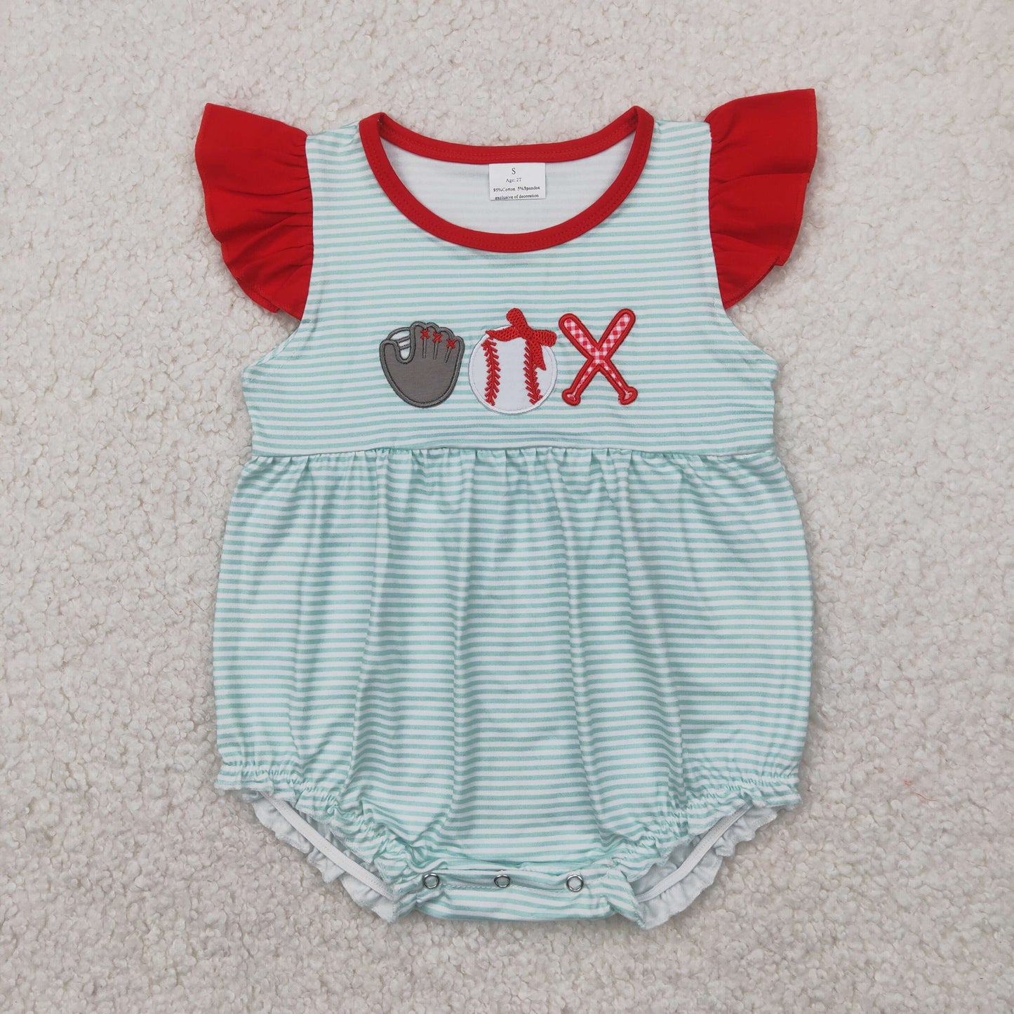 SR2892 Baseball Embroidery Blue Stripes Print Baby Girls Summer Romper