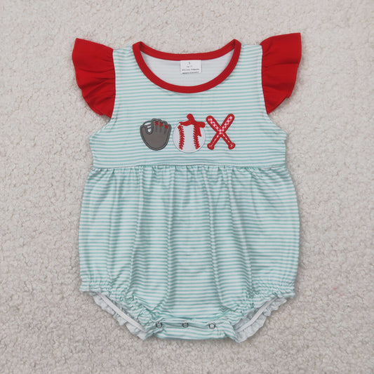 SR2892  Baseball Embroidery Blue Stripes Print Baby Girls Summer Romper