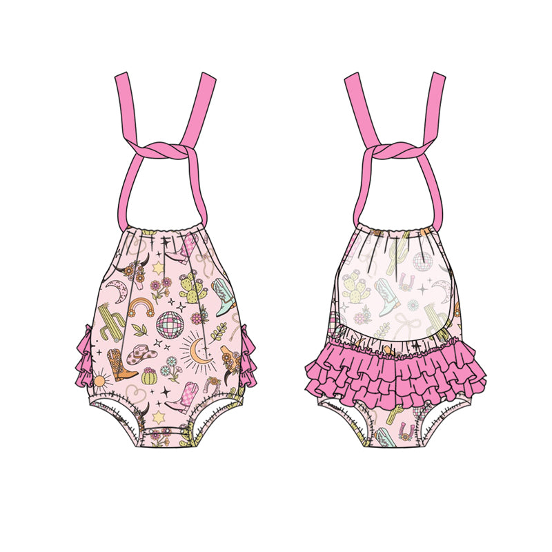 (Pre-order)SR2896 Flowers Cactus Western Print Baby Girls Summer Romper