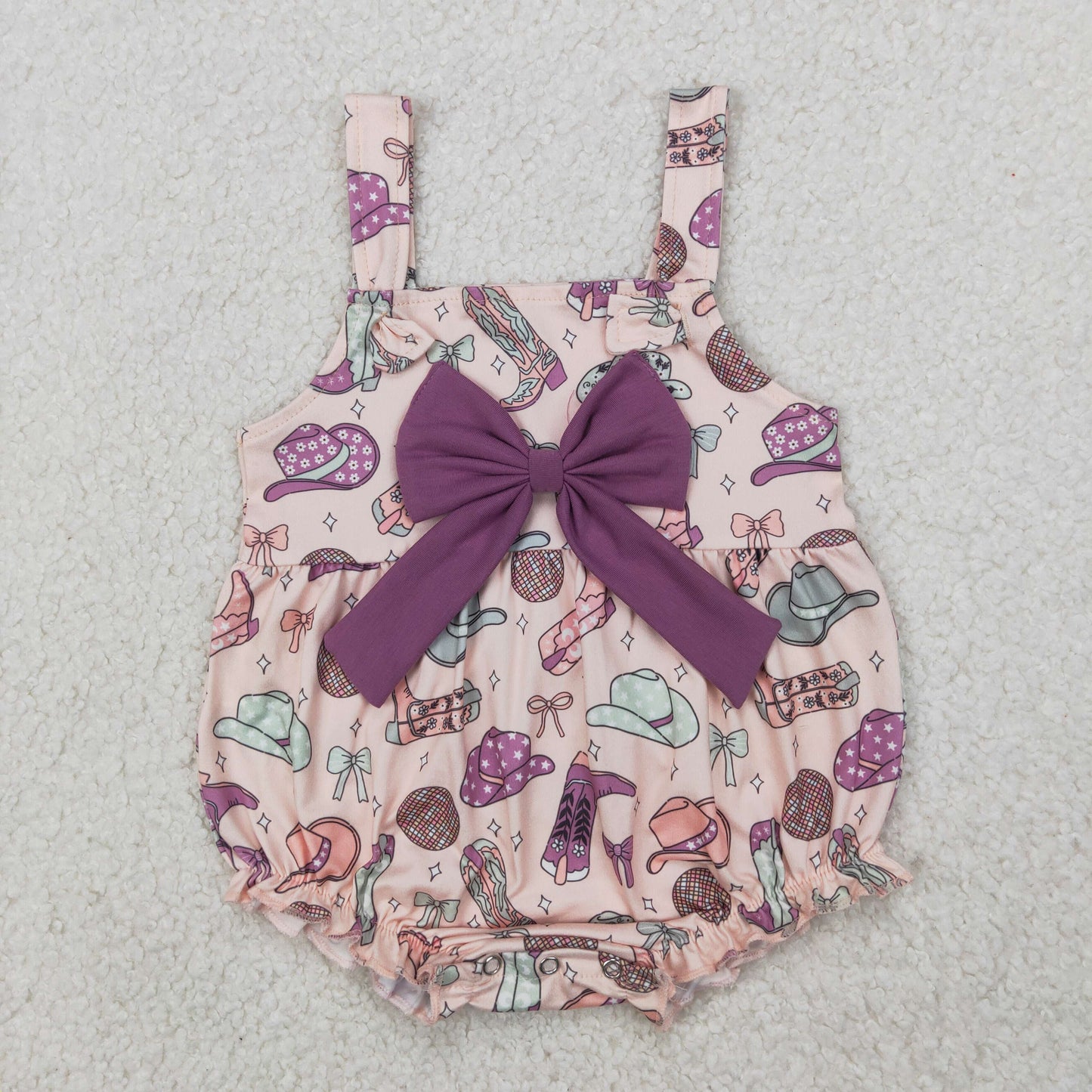SR2897 Boots Bows Hat Western Print Baby Girls Summer Romper