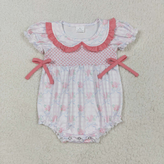 SR2917 Embroidery Pink Flowers Print Baby Girls Summer Romper