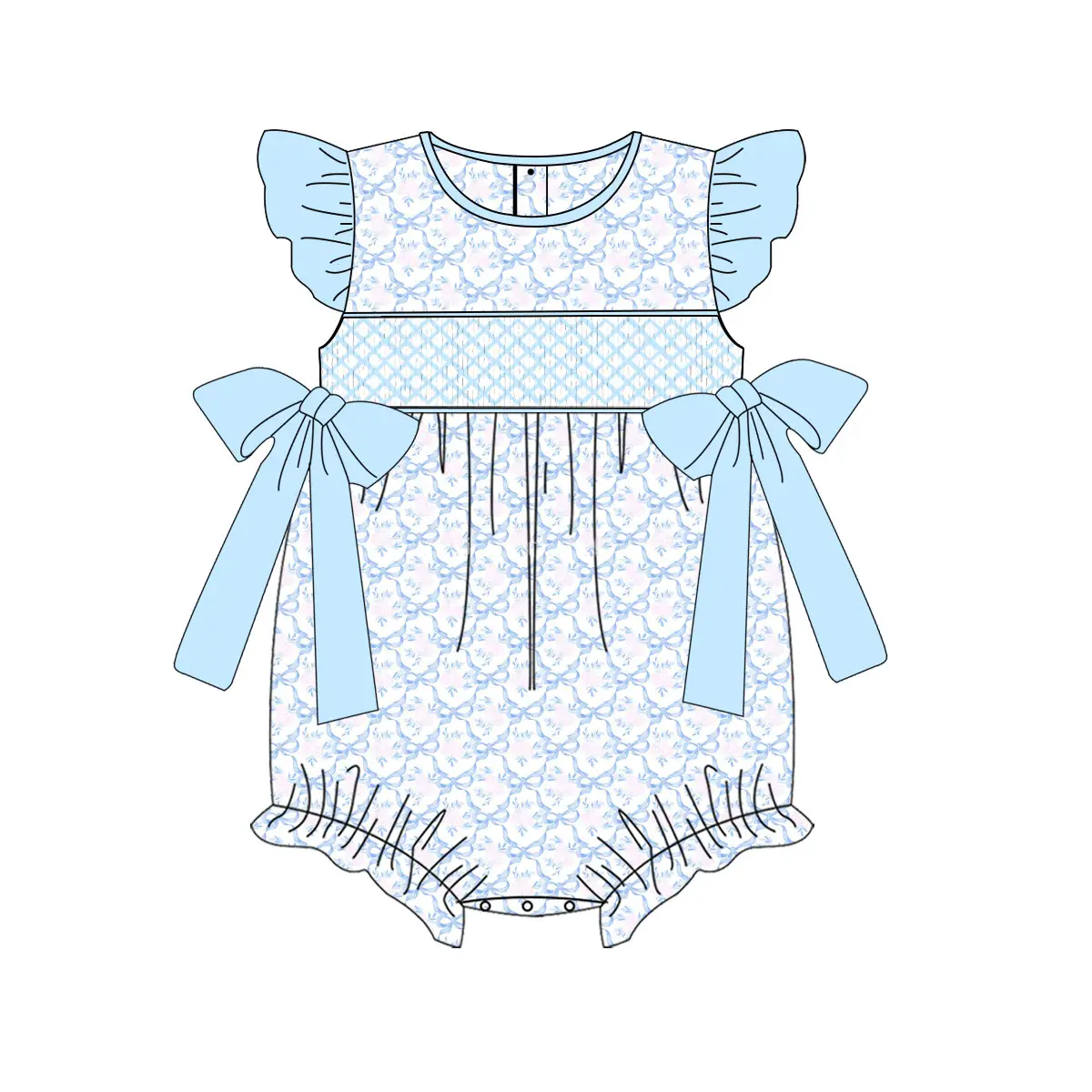 (Pre-order)SR2918 Blue Bows Print Baby Girls Summer Romper