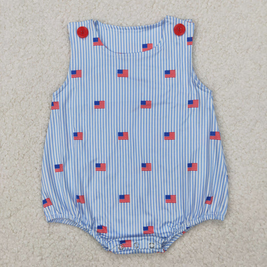 SR2922  Flag Blue Stripes Print Baby Boys 4th of July Romper