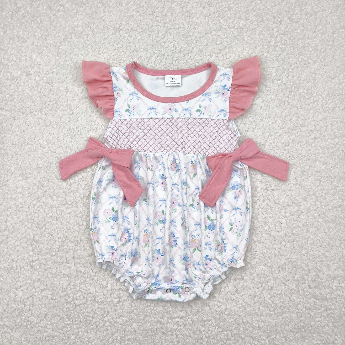 SR2923  Embroidery Blue Flowers Bows Print Baby Girls Summer Romper
