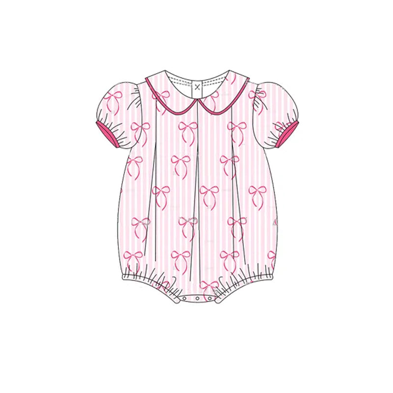 (Pre-order)SR2931 Bows Pink Stripes Print Baby Girls Summer Romper