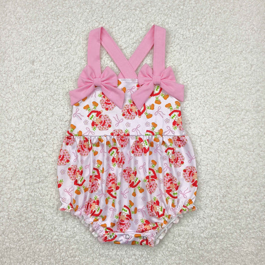 SR2933  Strawberry Girl Flowers Bows Print Baby Girls Summer Romper
