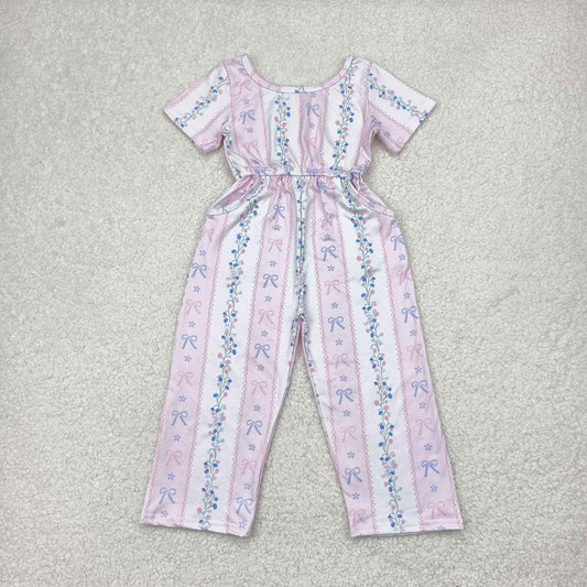SR2941 Small Flowers Bows Pink Print Girls Summer Jumpsuits
