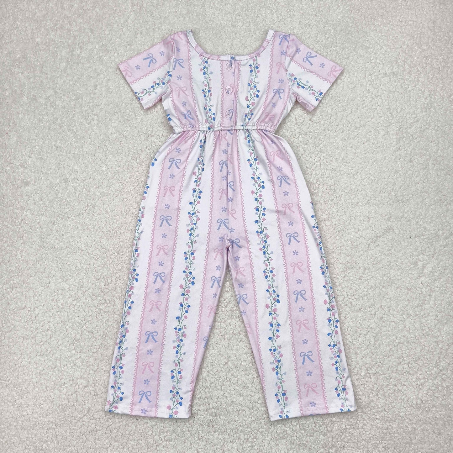 SR2941 Small Flowers Bows Pink Print Girls Summer Jumpsuits
