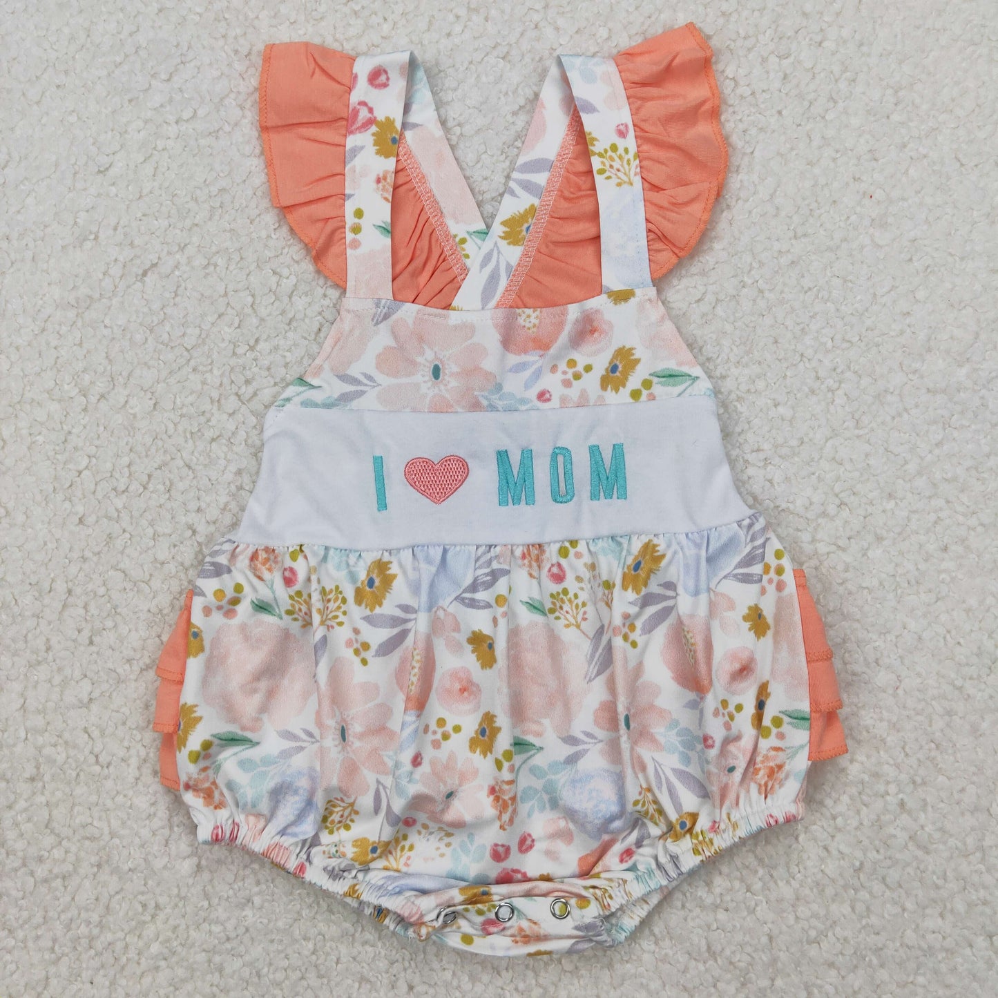 SR2948 I LOVE MOM Embroidery Orange Flowers Print Baby Girls Summer Bubble Romper