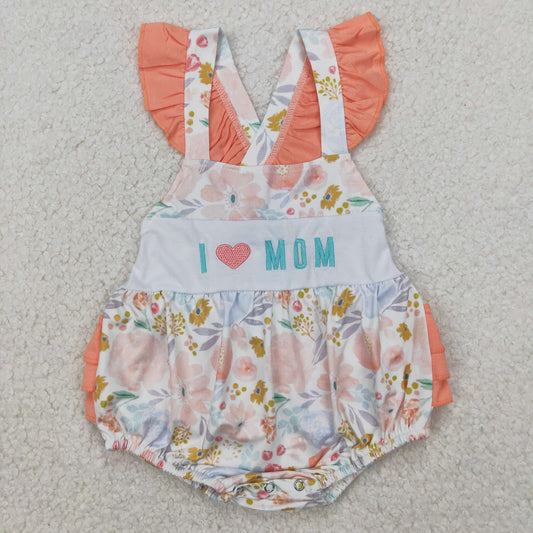 SR2948 I LOVE MOM Embroidery Orange Flowers Print Baby Girls Summer Bubble Romper