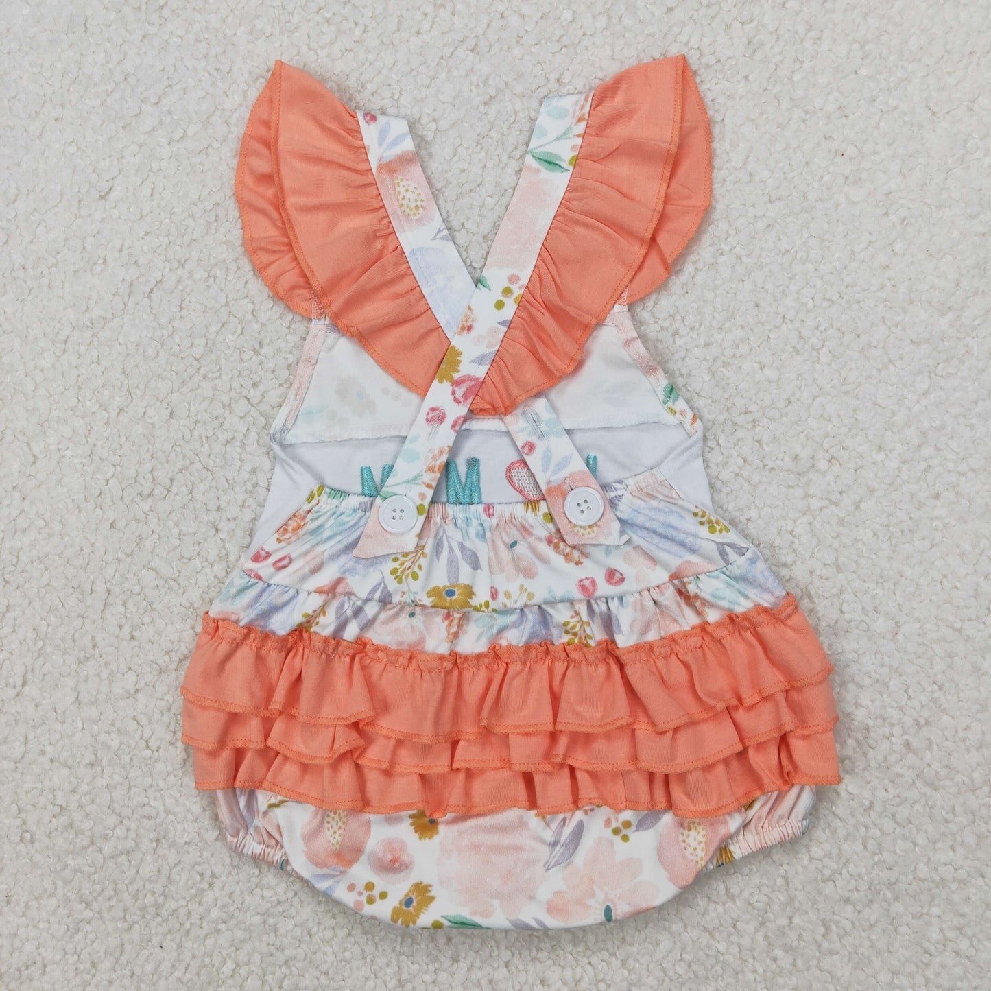 SR2948 I LOVE MOM Embroidery Orange Flowers Print Baby Girls Summer Bubble Romper