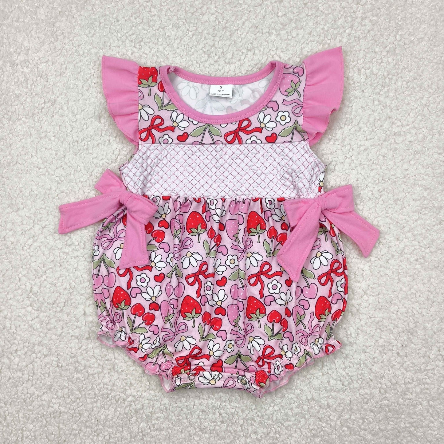 SR2953 Embroidery Strawberry Cherry Bows Pink Print Baby Girls Summer Romper