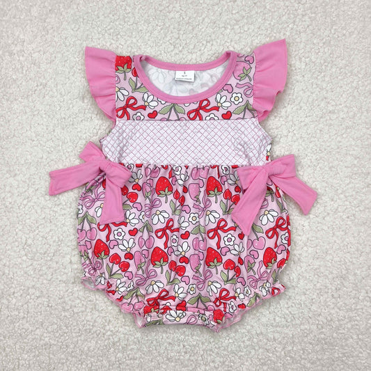 SR2953 Embroidery Strawberry Cherry Bows Pink Print Baby Girls Summer Romper