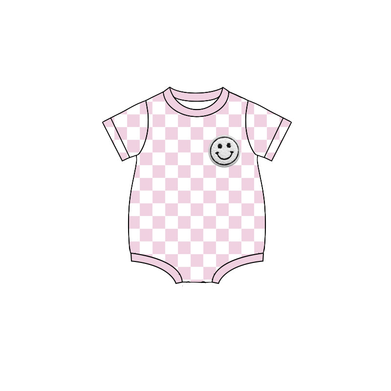 (Pre-order)SR2959 Smiling Face Pink Plaid Print Baby Girls Summer Romper