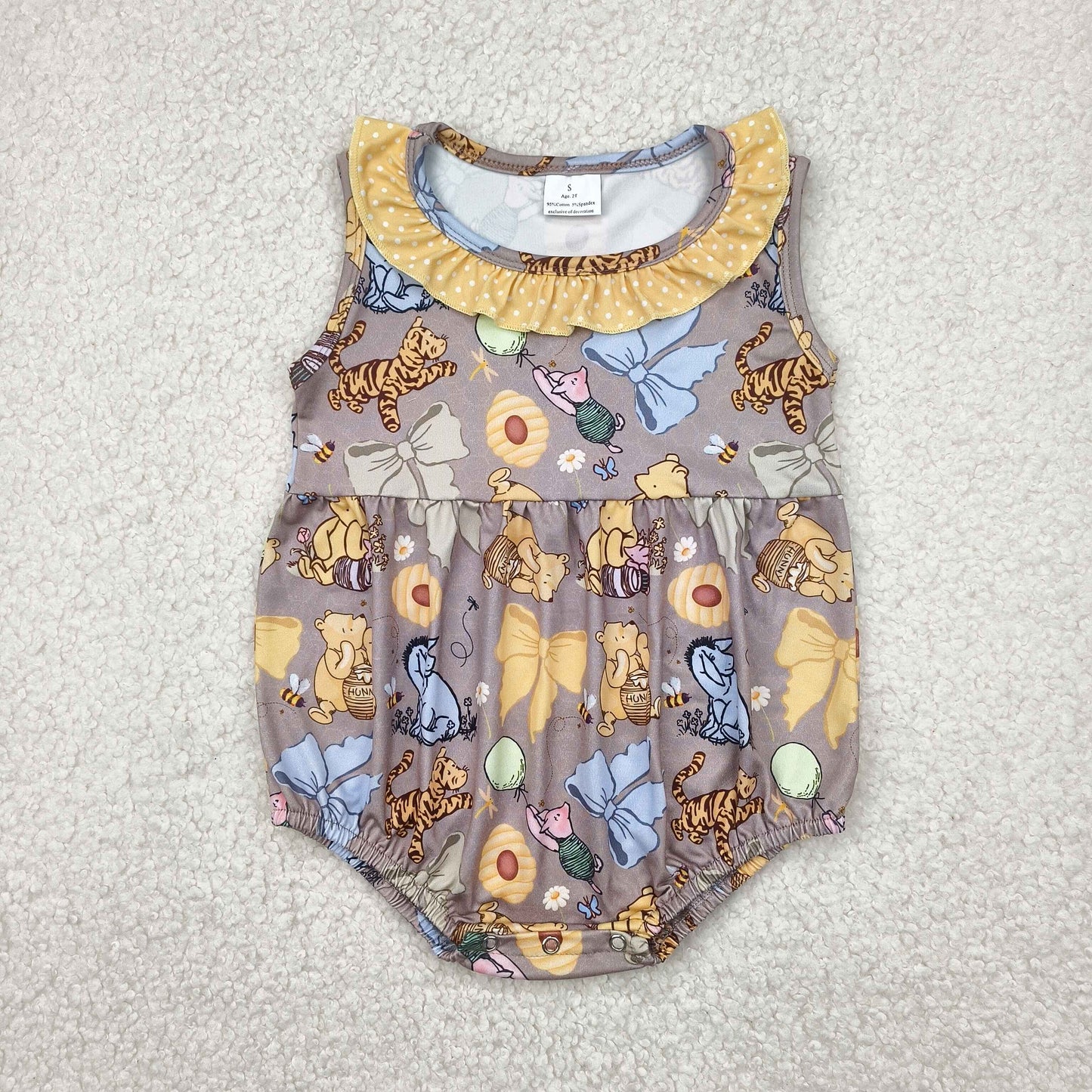 SR2963 Cartoon Bear Bee Bows Print Baby Girls Summer Romper