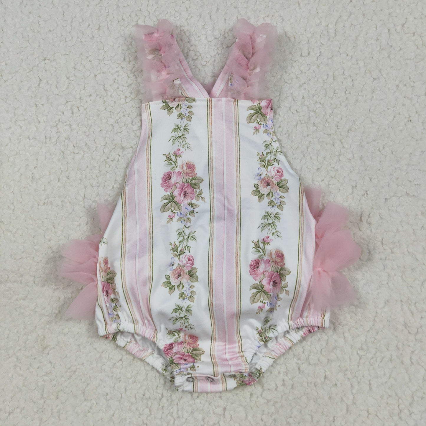 SR2964 Flowers Stripes Print Baby Girls Summer Tulle Bubble Romper