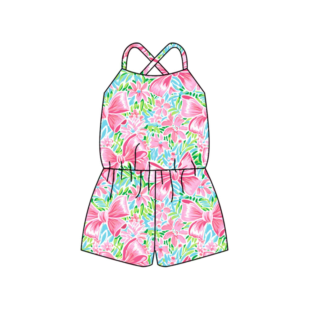 (Pre-order)SR2966 Flowers Bows Pink Print Girls Summer Jumpsuits
