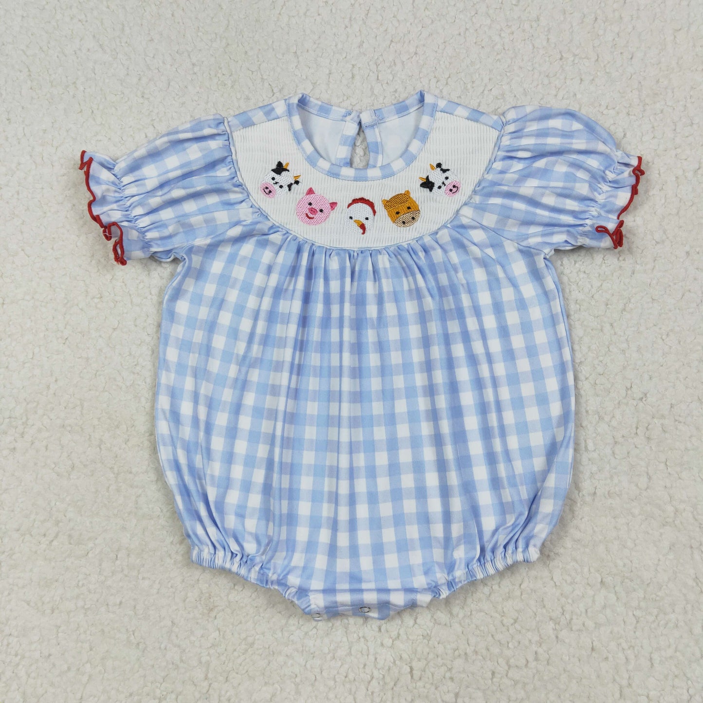SR2981 Farm Animals Embroidery Blue Plaid Baby Girls Short Sleeve Smocked Bubble Romper