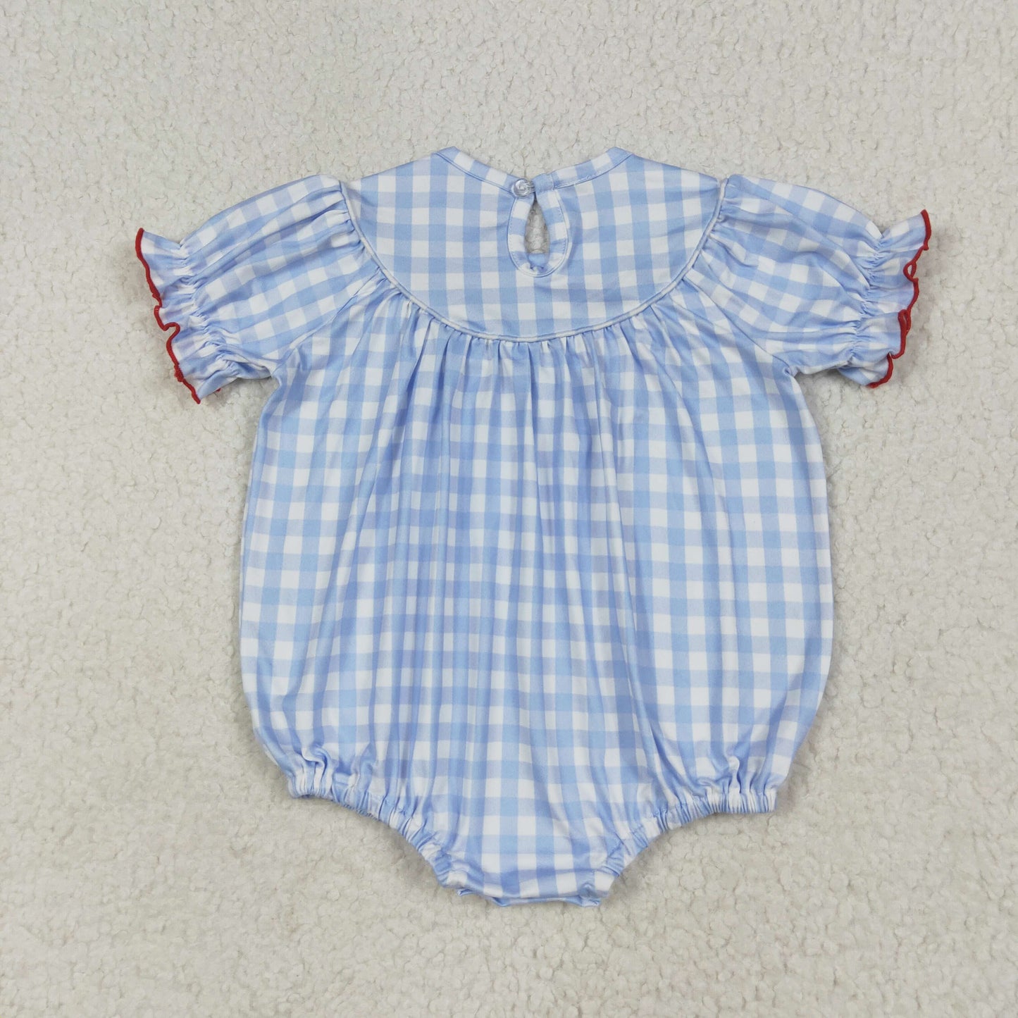 SR2981 Farm Animals Embroidery Blue Plaid Baby Girls Short Sleeve Smocked Bubble Romper