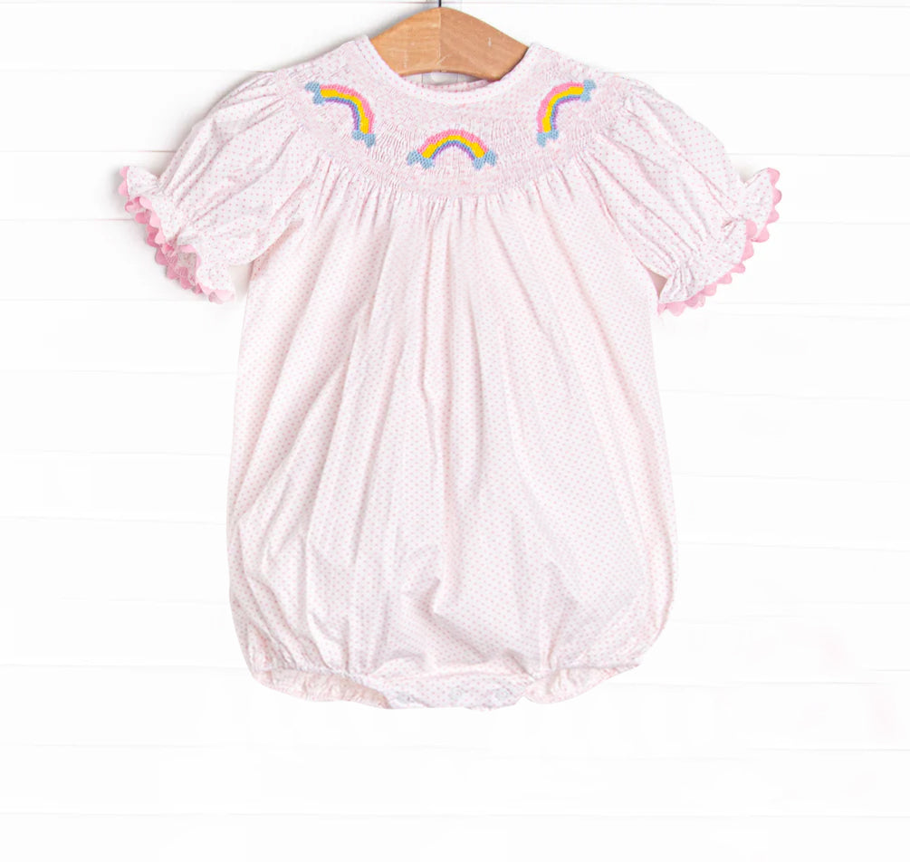 (Pre-order)SR2983 Rainbow Pink Dots Print Baby Girls Short Sleeve Smocked Bubble Romper