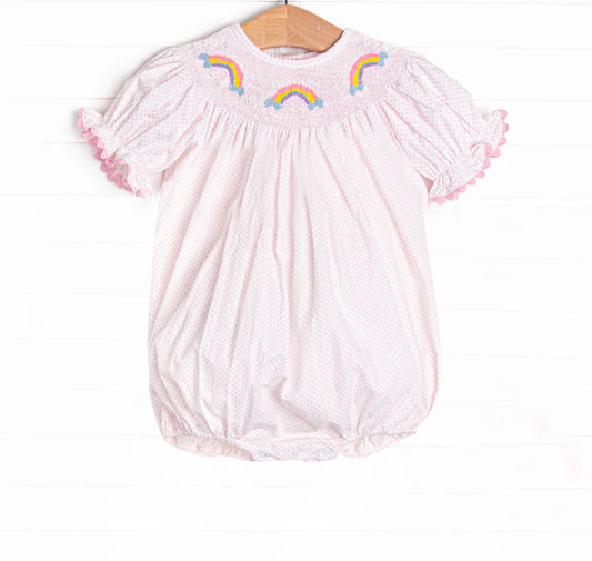 (Pre-order)SR2983 Rainbow Pink Dots Print Baby Girls Short Sleeve Smocked Bubble Romper