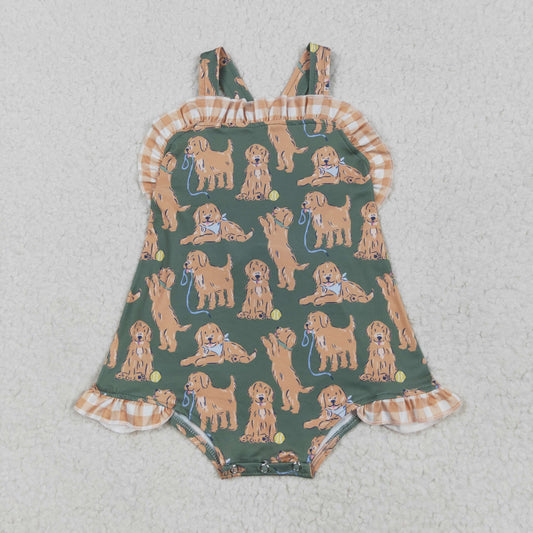 SR2986 Dog Plaid Print Baby Girls Summer Romper