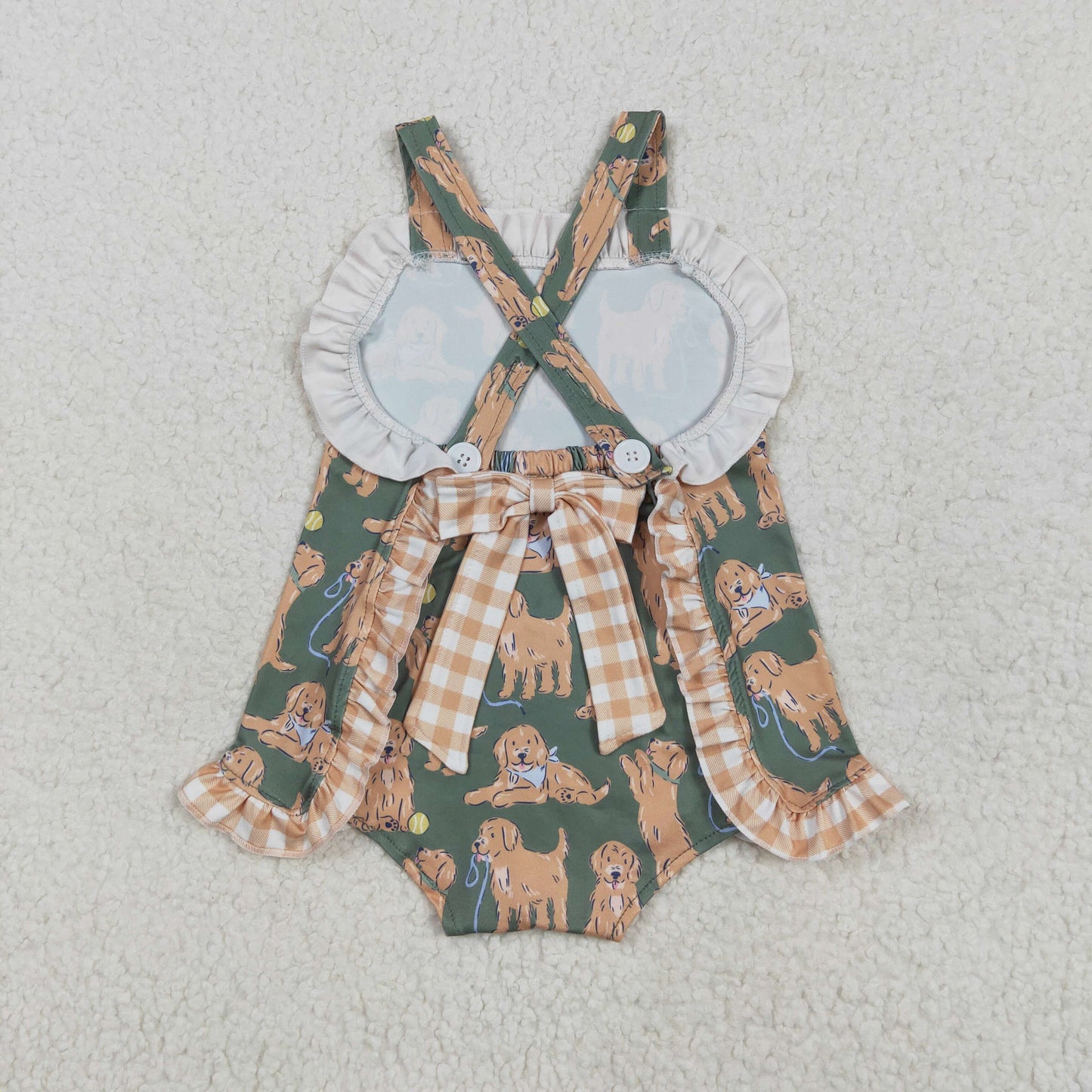 SR2986 Dog Plaid Print Baby Girls Summer Romper