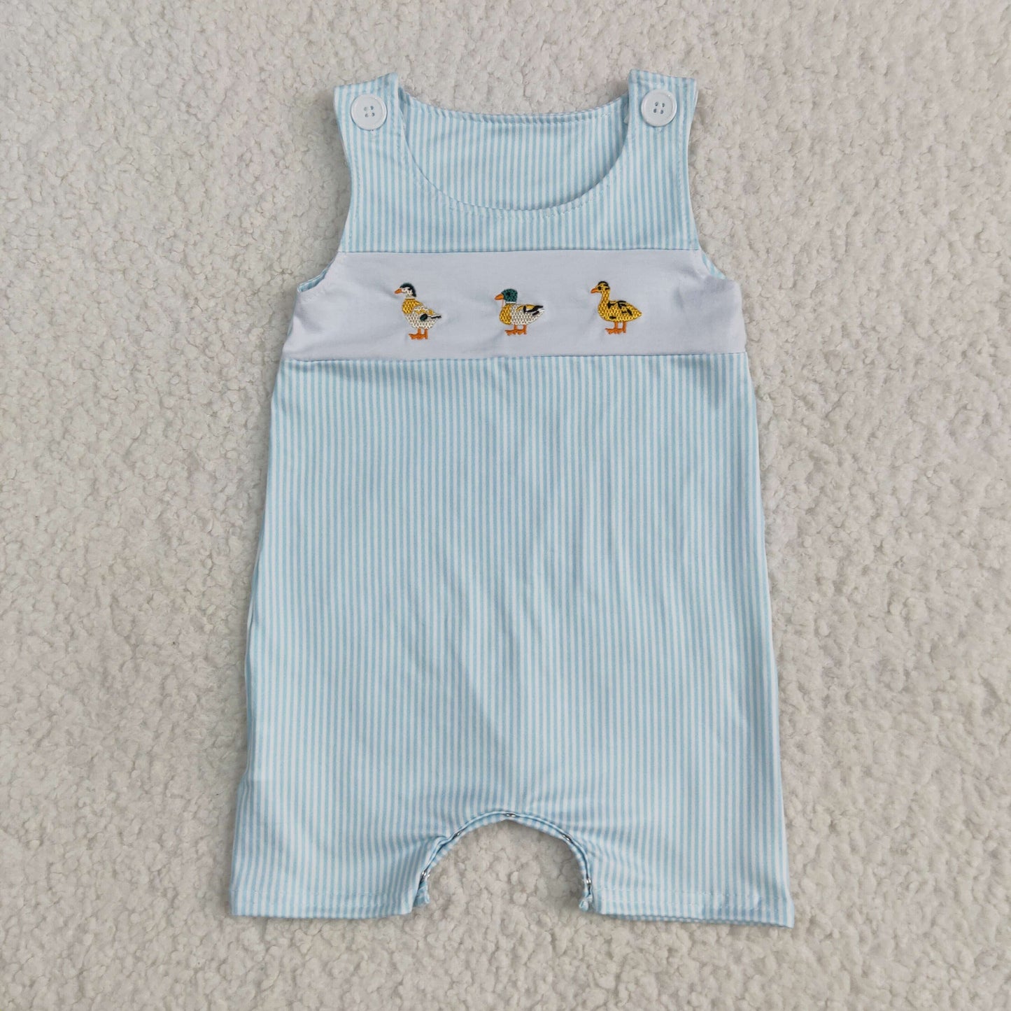 SR2991 Duck Embroidery Blue Stripes Print Baby Boys Summer Romper