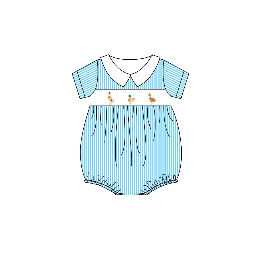 (Pre-order)SR2992 Duck Blue Stripes Print Baby Smocked Bubble Romper