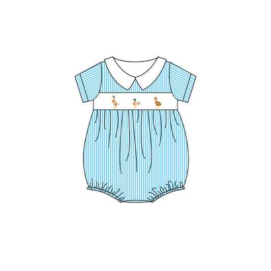 (Pre-order)SR2992 Duck Blue Stripes Print Baby Smocked Bubble Romper