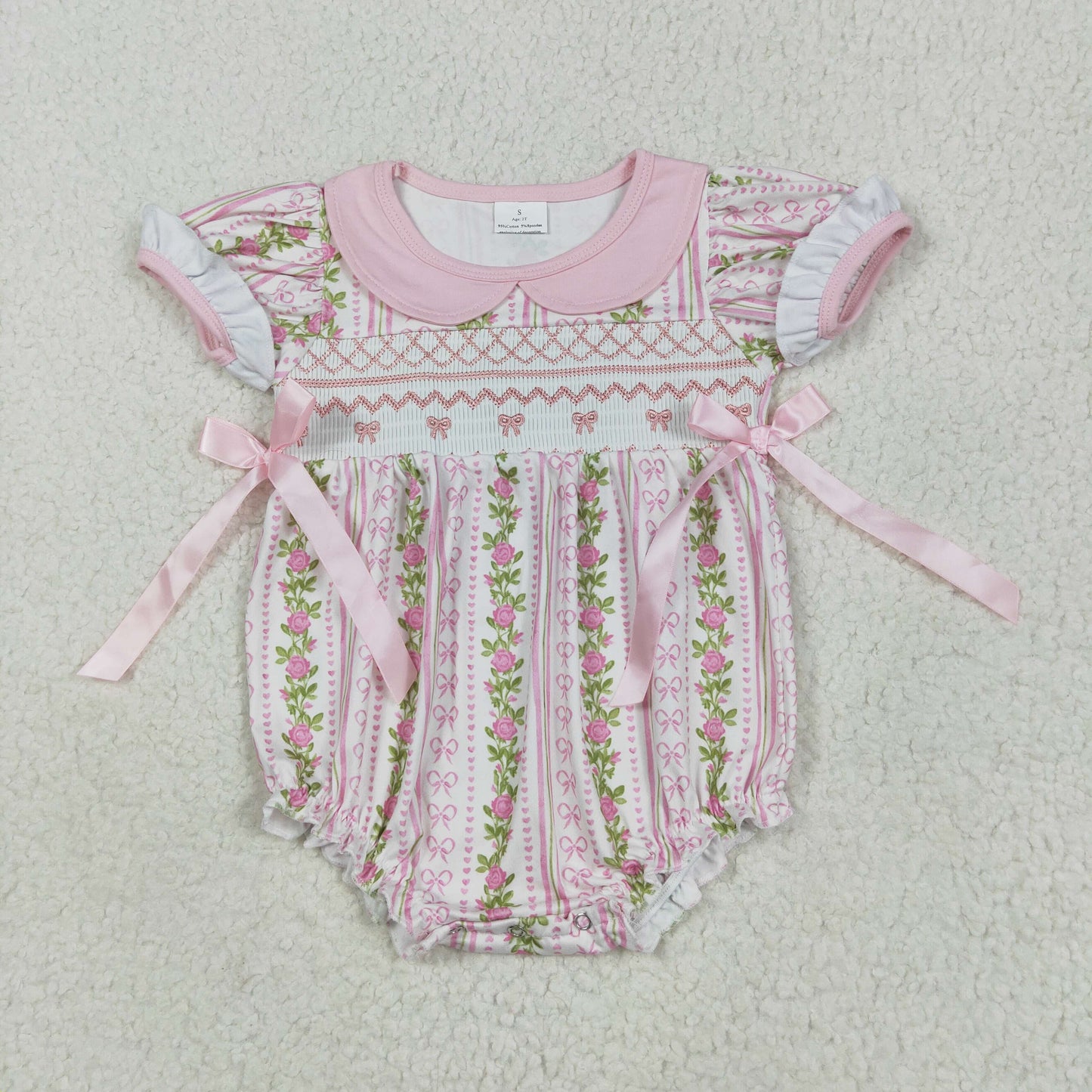 Bows Embroidery Pink Flowers Print Girls Summer Clothes Sisters Smocked Matching Wear