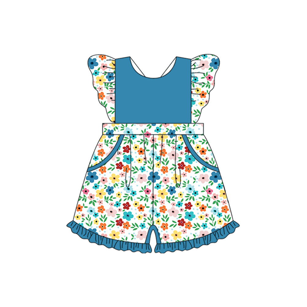 (Pre-order)SR2310 Colorful Flowers Blue Print Girls Summer Jumpsuits