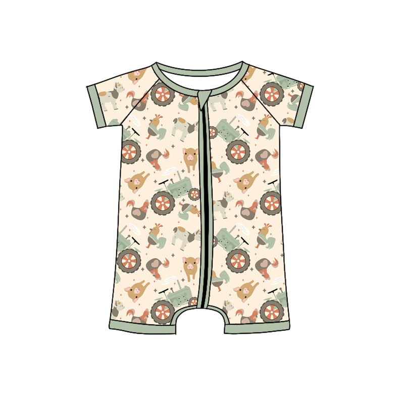 (Pre-order)SR3019 Farm Animals Tractors Print Baby Boys Summer Zipper Sleeper Romper