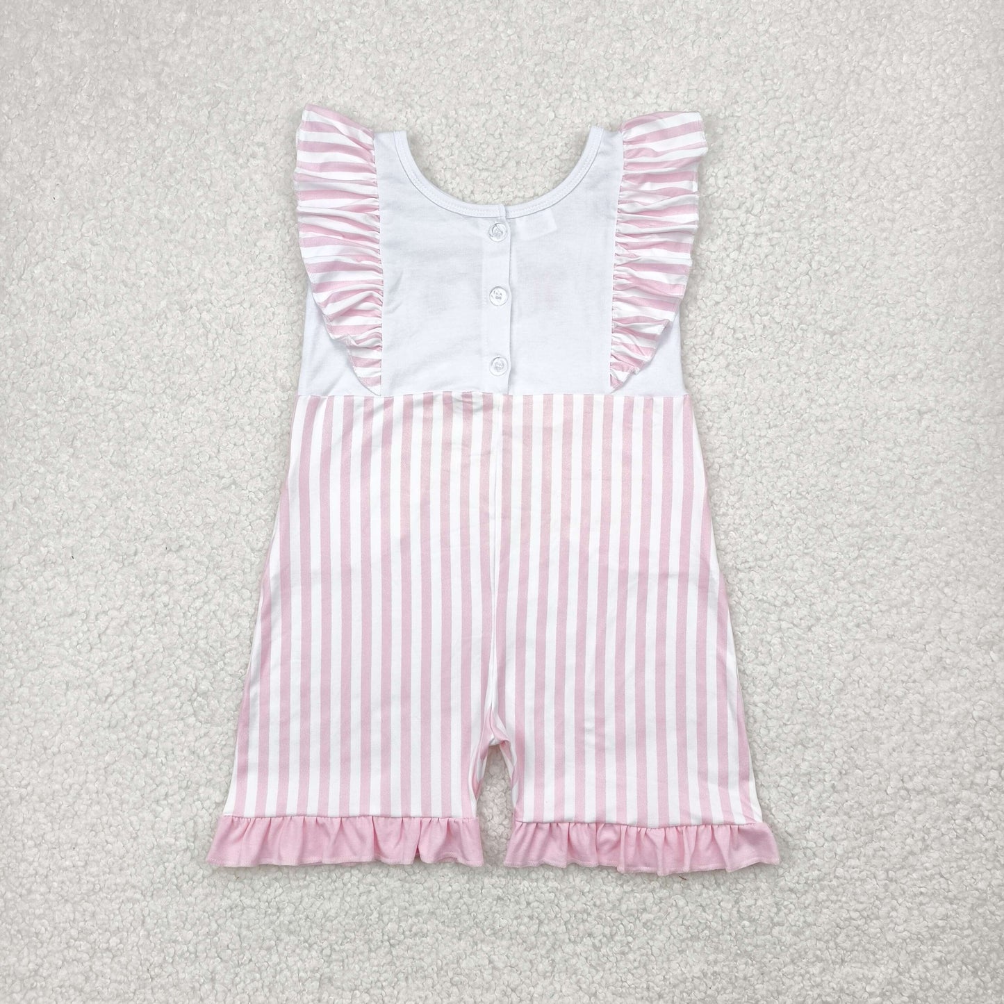 SR3025 Pink Bows Embroidery Stripes Pockets Girls Summer Jumpsuits