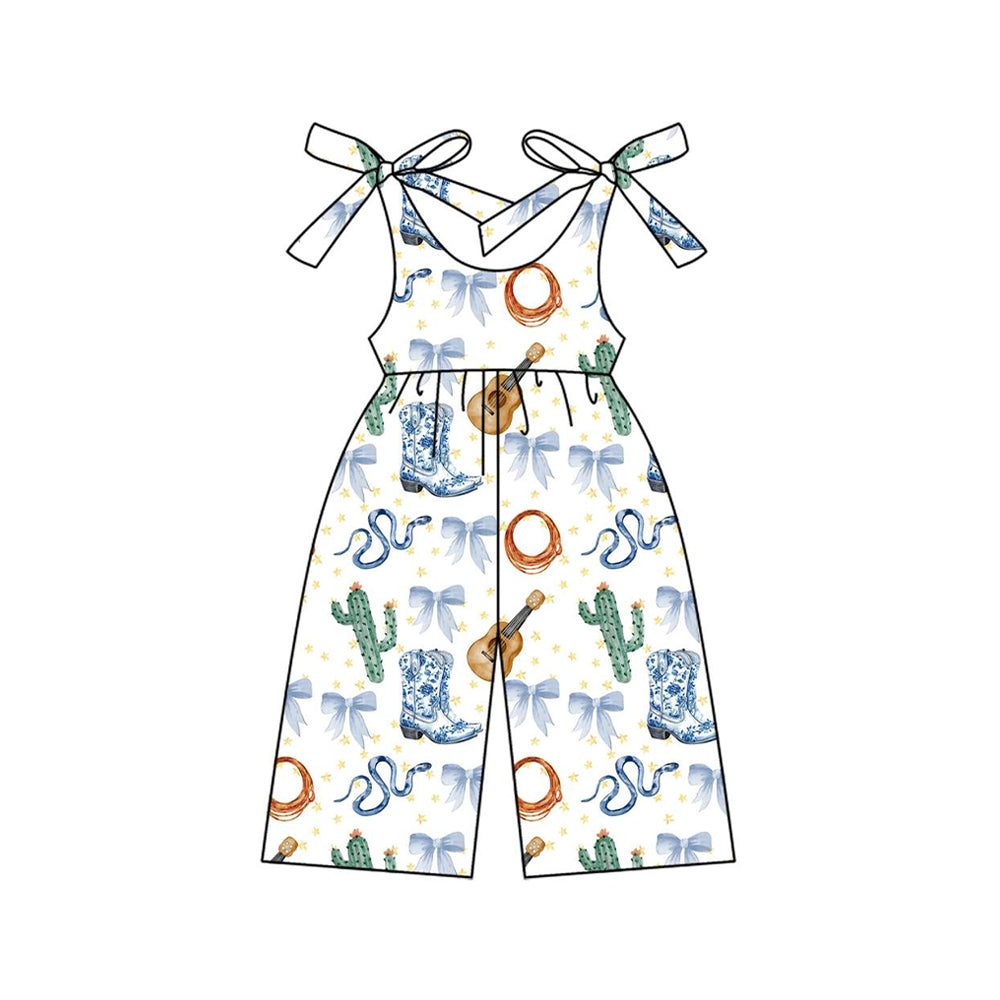 (Pre-order)SR3041 Boots Blue Bows Print Girls Summer Jumpsuits