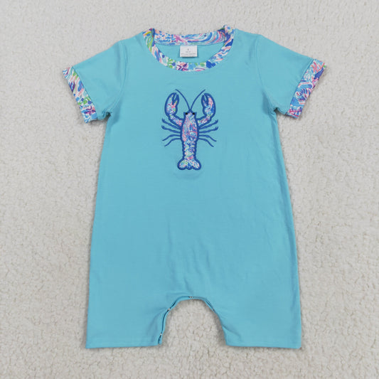 SR3044 Crayfish Seaweed Embroidery Blue Baby Boys Summer Romper