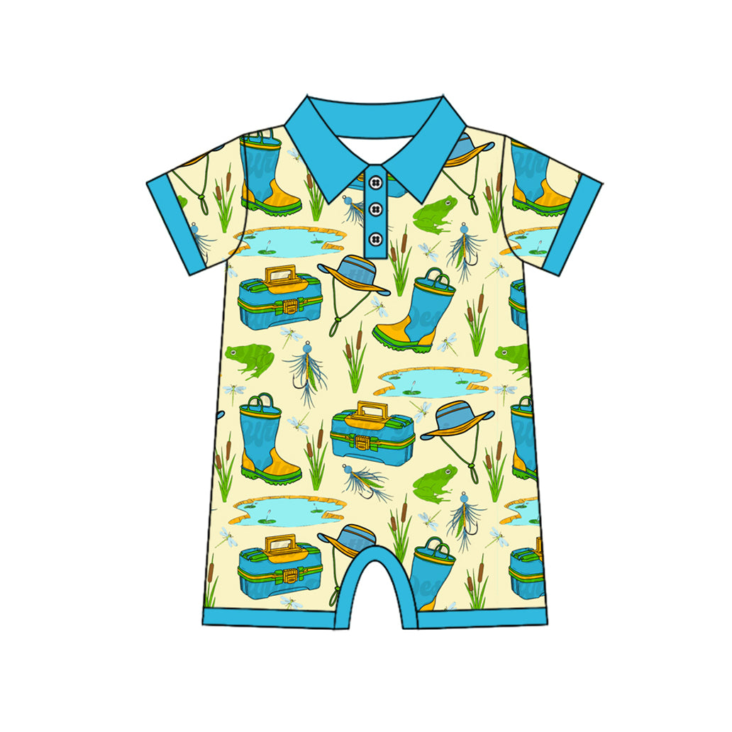 (Pre-order)SR3065 Fishing Blue Print Baby Boys Summer Romper