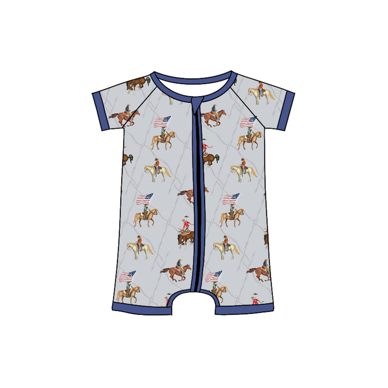 (Pre-order)SR3066 Cowboy Flag Print Baby Boys 4th of July Zipper Romper