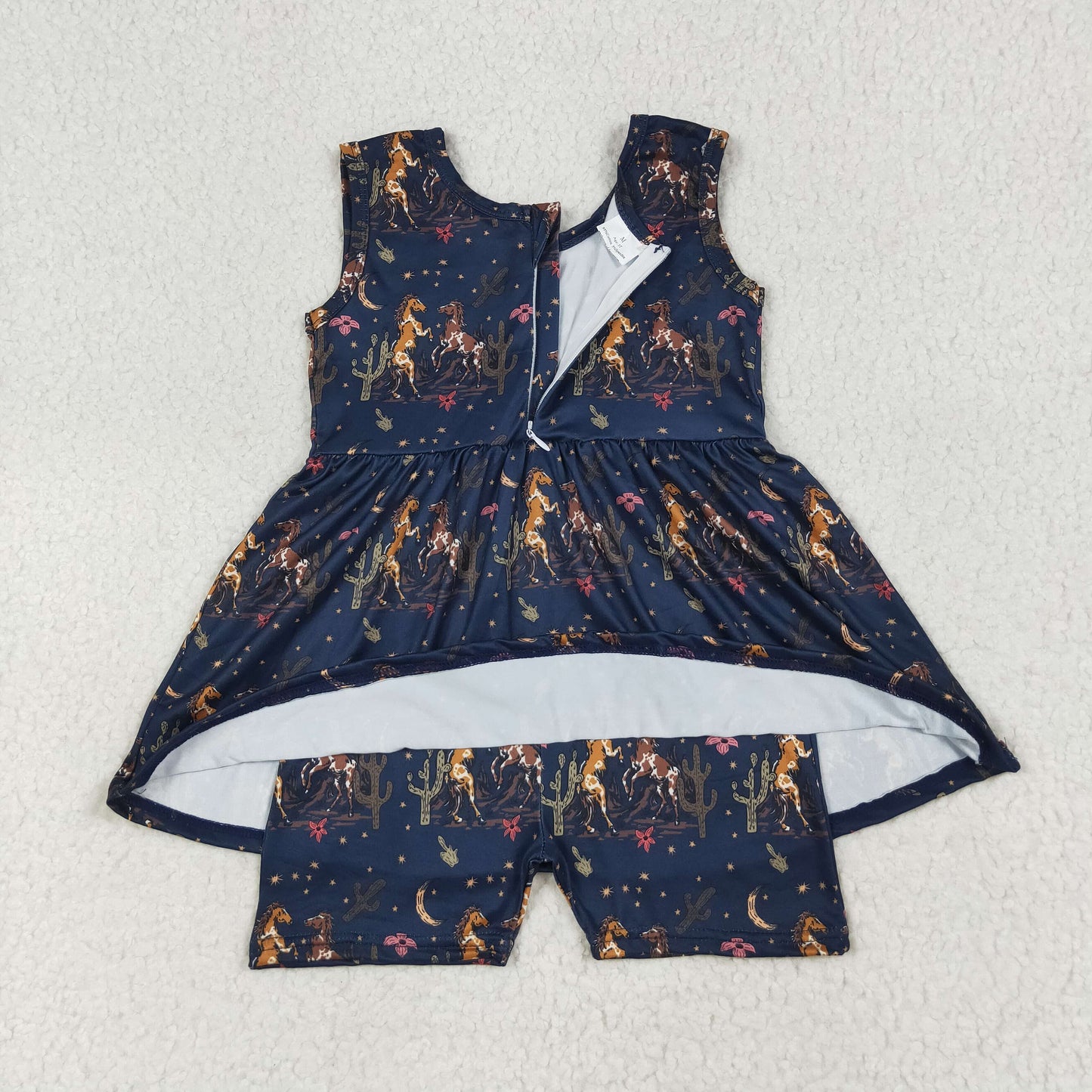 SR3071 Horse Cactus Navy Print Girls Summer Skirted Jumpsuits