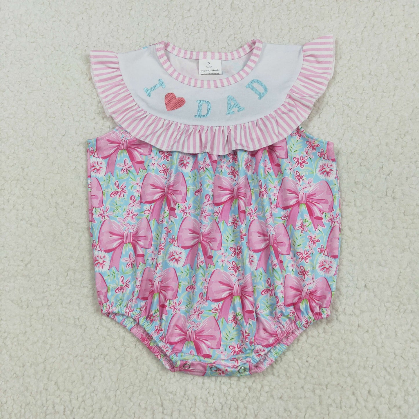 SR3089 I LOVE DAD Embroidery Pink Flowers Bows Print Baby Girls Summer Romper