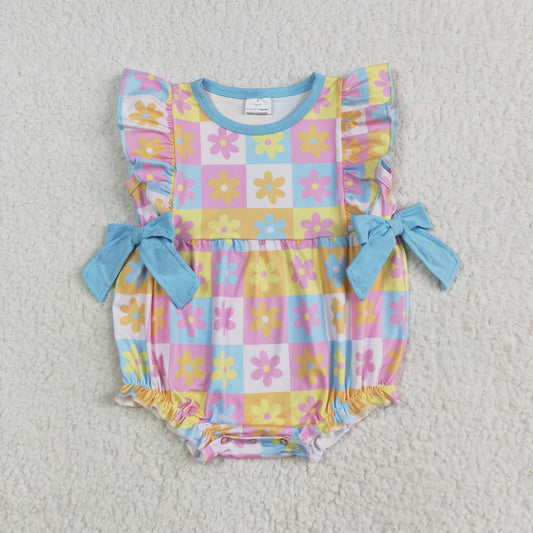 SR3090 Flowers Colorful Plaid Print Baby Girls Summer Romper
