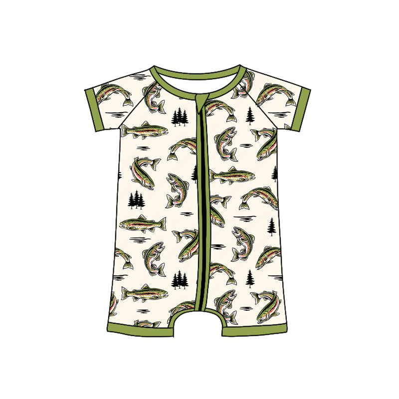 (Pre-order)SR3095 Fish Green Print Baby Boys Summer Romper