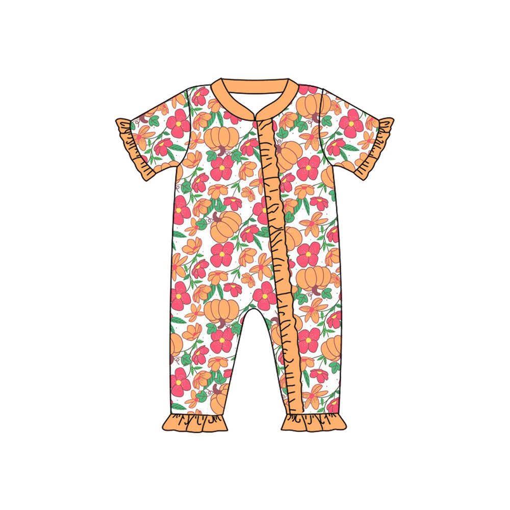 (Pre-order)SR3096 Pumpkin Flowers Print Baby Girls Zipper Sleeper Romper