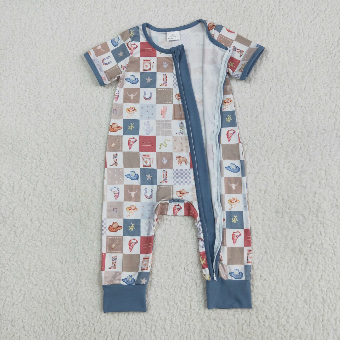 SR3098 Boots Hat Plaid Western Print Baby Boys Zipper Sleeper Romper