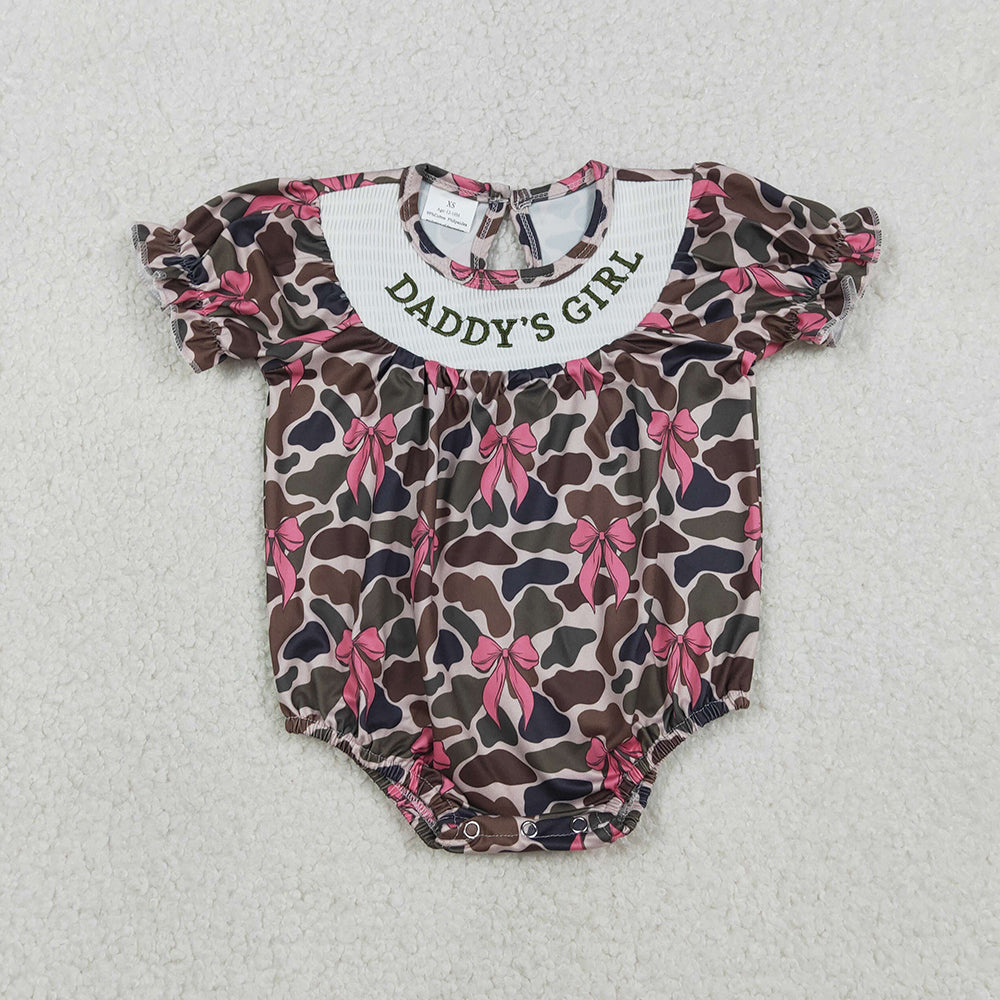 SR3105 Daddy's Girl Embroidery Camo Bows Print Baby Girls Summer Bubble Smocked Romper