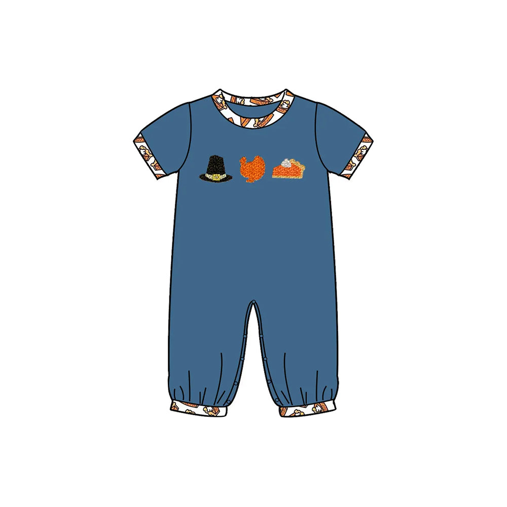 (Pre-order)SR3111 Turkey Pie Blue Print Baby Boys Thanksgiving Romper